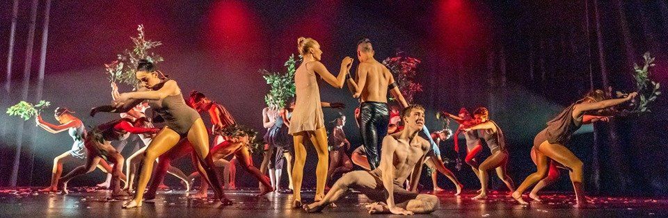 LHTS students performing together on stage in colourful costumes