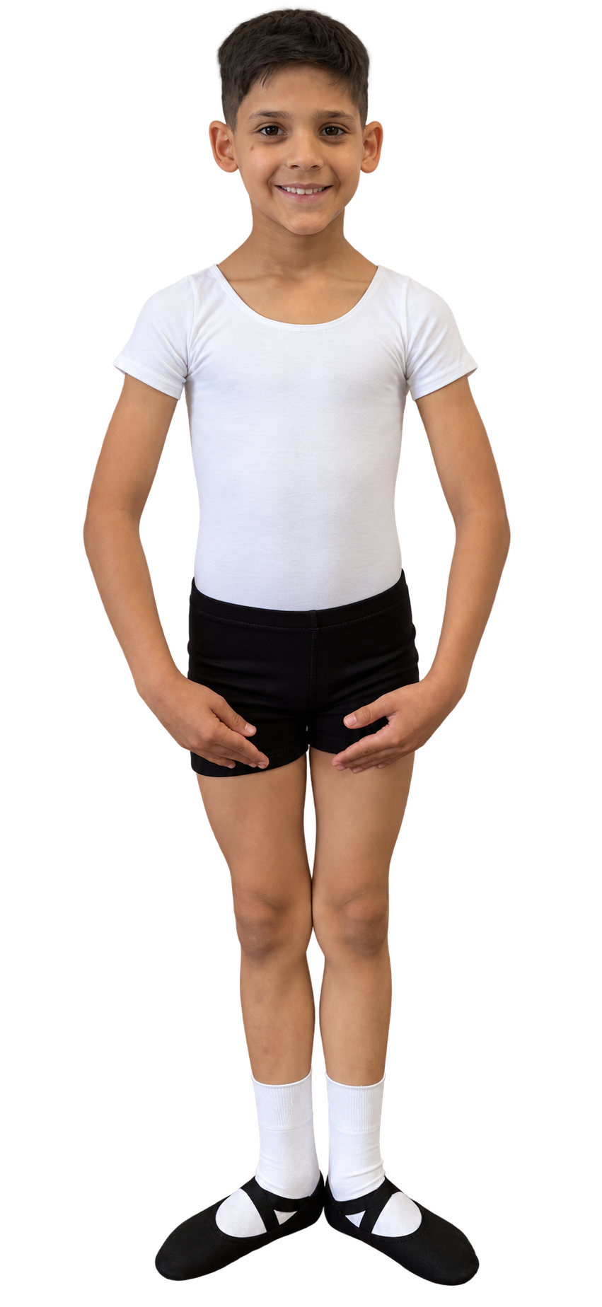 An LHTS pupil wearing a white leotard, black shorts, white socks and black ballet shoes